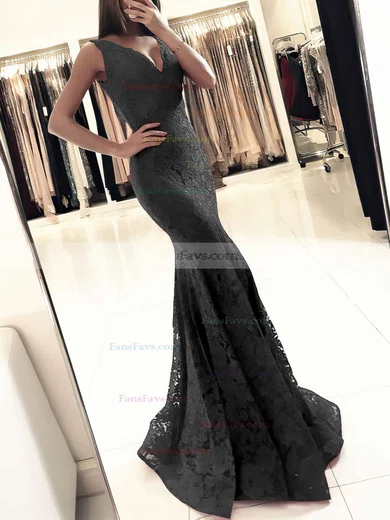 Trumpet/Mermaid V-neck Lace Floor-length Prom Dresses #Favs020104918