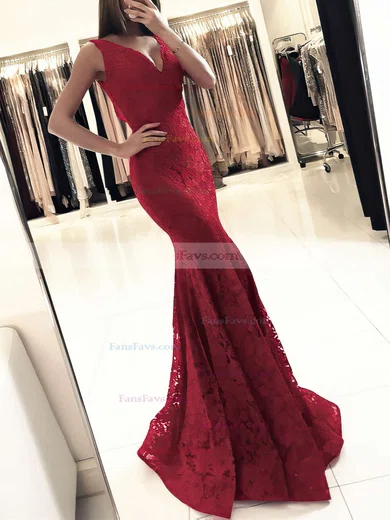Trumpet/Mermaid V-neck Lace Floor-length Prom Dresses #Favs020104918