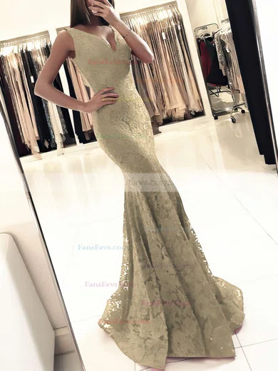 Trumpet/Mermaid V-neck Lace Floor-length Prom Dresses #Favs020104918