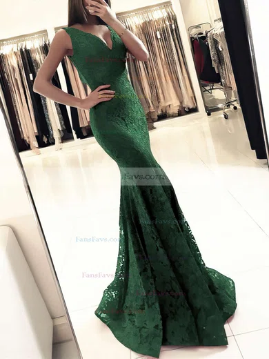 Trumpet/Mermaid V-neck Lace Floor-length Prom Dresses #Favs020104918