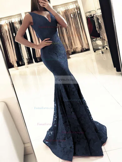 Trumpet/Mermaid V-neck Lace Floor-length Prom Dresses #Favs020104918