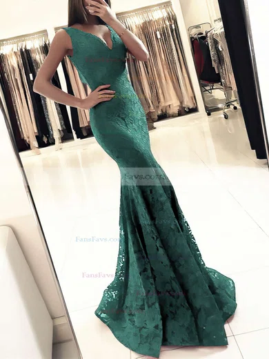 Trumpet/Mermaid V-neck Lace Floor-length Prom Dresses #Favs020104918