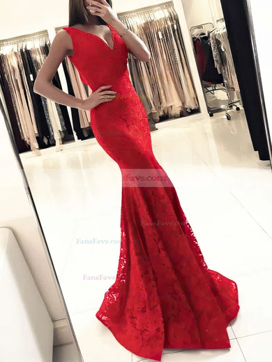 Trumpet/Mermaid V-neck Lace Floor-length Prom Dresses #Favs020104918