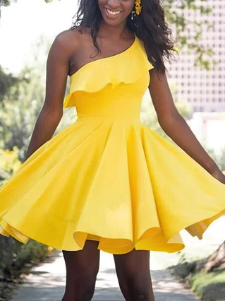 A-line One Shoulder Satin Short/Mini Homecoming Dresses #Favs020109011 A-line One Shoulder Satin Short/Mini Homecoming Dresses #Favs020109011