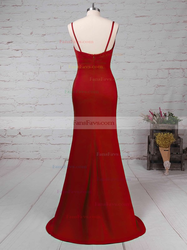 Sheath/Column V-neck Silk-like Satin Sweep Train Ruffles Prom Dresses #Favs020104919