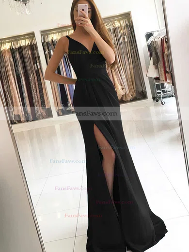 Sheath/Column V-neck Silk-like Satin Sweep Train Ruffles Prom Dresses #Favs020104919