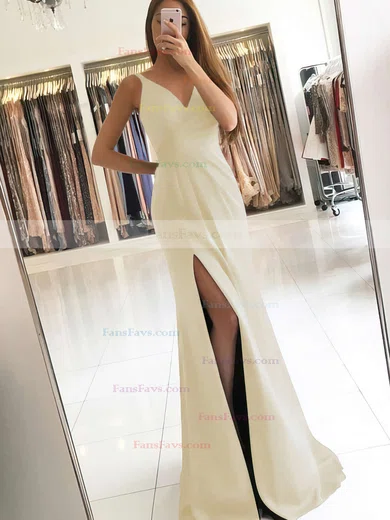 Sheath/Column V-neck Silk-like Satin Sweep Train Ruffles Prom Dresses #Favs020104919