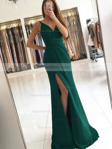 Sheath/Column V-neck Silk-like Satin Sweep Train Ruffles Prom Dresses #Favs020104919