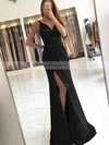 Sheath/Column V-neck Silk-like Satin Sweep Train Ruffles Prom Dresses #Favs020104919