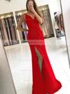 Sheath/Column V-neck Silk-like Satin Sweep Train Ruffles Prom Dresses #Favs020104919