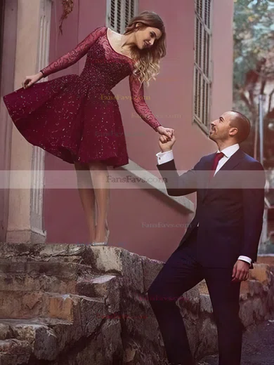 A-line Scoop Neck Lace Knee-length Homecoming Dresses With Beading #Favs020109013