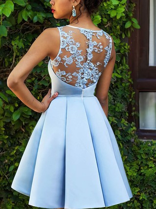 A-line Scoop Neck Satin Short/Mini Homecoming Dresses With Appliques Lace #Favs020109014 A-line Scoop Neck Satin Short/Mini Homecoming Dresses With Appliques Lace #Favs020109014