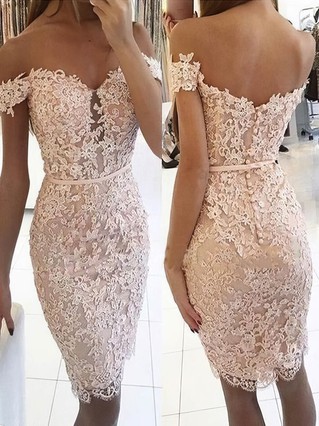 Sheath/Column Off-the-shoulder Lace Knee-length Homecoming Dresses With Appliques Lace Sashes / Ribbons #Favs020109016 Sheath/Column Off-the-shoulder Lace Knee-length Homecoming Dresses With Appliques Lace Sashes / Ribbons #Favs020109016