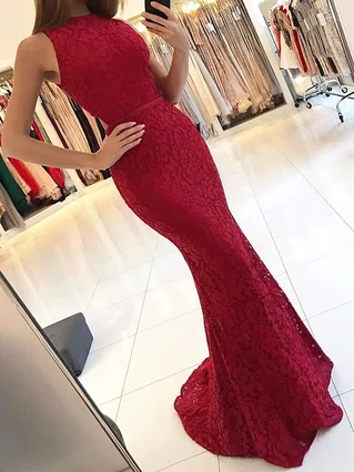 Trumpet/Mermaid High Neck Lace Sweep Train Sashes / Ribbons Prom Dresses #Favs020104921