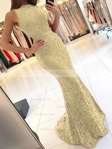 Trumpet/Mermaid High Neck Lace Sweep Train Sashes / Ribbons Prom Dresses #Favs020104921