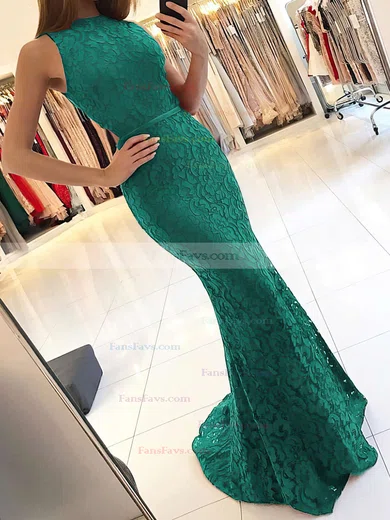 Trumpet/Mermaid High Neck Lace Sweep Train Sashes / Ribbons Prom Dresses #Favs020104921