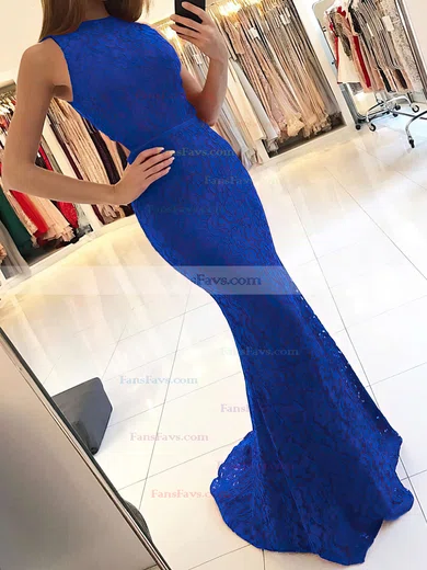 Trumpet/Mermaid High Neck Lace Sweep Train Sashes / Ribbons Prom Dresses #Favs020104921