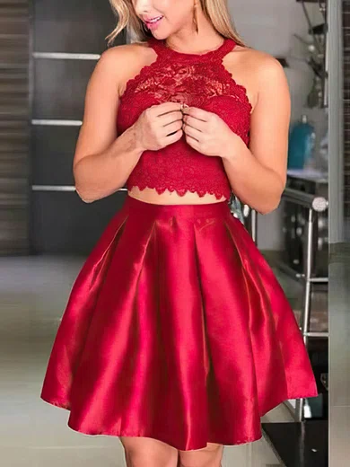 A-line Scoop Neck Satin Short/Mini Homecoming Dresses With Lace Appliques Lace #Favs020109213