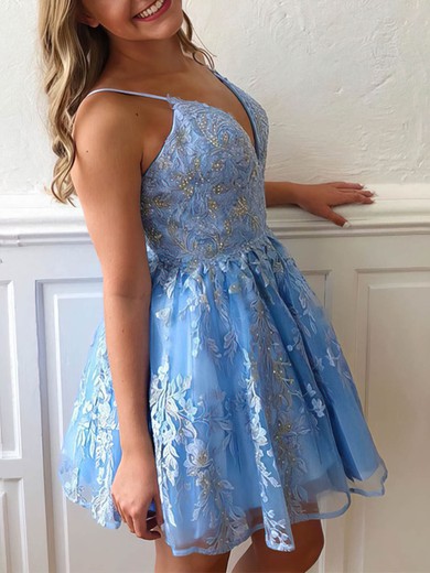 A-line V-neck Lace Short/Mini Homecoming Dresses With Beading Appliques Lace #Favs020109019