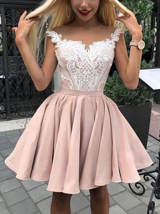 A-line Scoop Neck Silk-like Satin Short/Mini Homecoming Dresses With Appliques Lace #Favs020109020 A-line Scoop Neck Silk-like Satin Short/Mini Homecoming Dresses With Appliques Lace #Favs020109020