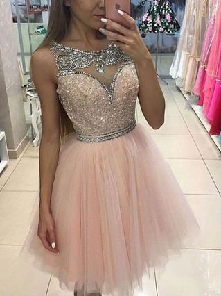 A-line Scoop Neck Tulle Short/Mini Homecoming Dresses With Beading Sequins #Favs020109021 A-line Scoop Neck Tulle Short/Mini Homecoming Dresses With Beading Sequins #Favs020109021