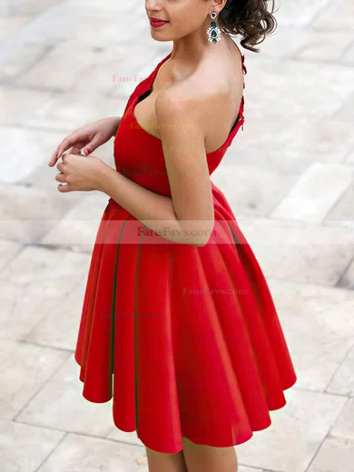 A-line One Shoulder Satin Short/Mini Homecoming Dresses With Lace Appliques Lace #Favs020109217