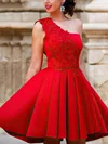 A-line One Shoulder Satin Short/Mini Homecoming Dresses With Lace Appliques Lace #Favs020109217
