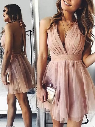 A-line V-neck Tulle Short/Mini Homecoming Dresses With Sashes / Ribbons #Favs020109218 A-line V-neck Tulle Short/Mini Homecoming Dresses With Sashes / Ribbons #Favs020109218