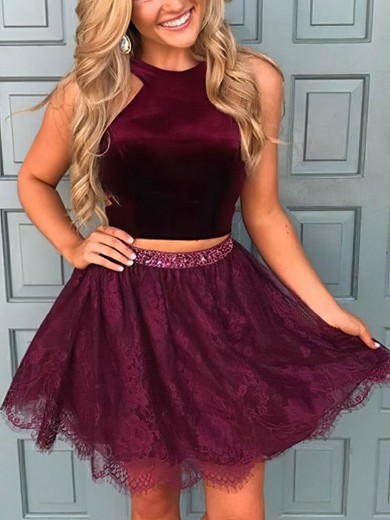 A-line Scoop Neck Lace Velvet Short/Mini Homecoming Dresses With Lace Appliques Lace Sashes / Ribbons #Favs020109221