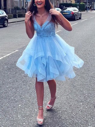 A-line V-neck Tulle Short/Mini Homecoming Dresses #Favs020109027