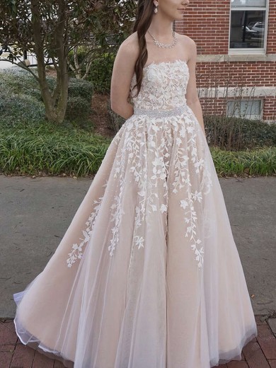 Princess Strapless Tulle Floor-length Beading Prom Dresses #Favs020104927