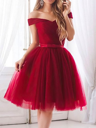 A-line Off-the-shoulder Tulle Short/Mini Homecoming Dresses With Bow Sashes / Ribbons #Favs020109225