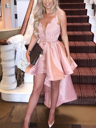 A-line V-neck Silk-like Satin Asymmetrical Homecoming Dresses With Appliques Lace #Favs020109029