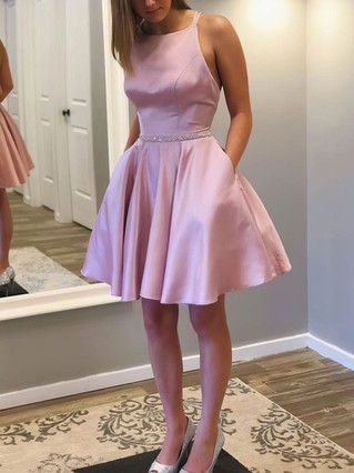 A-line Scoop Neck Satin Short/Mini Homecoming Dresses With Sashes / Ribbons #Favs020109226 A-line Scoop Neck Satin Short/Mini Homecoming Dresses With Sashes / Ribbons #Favs020109226