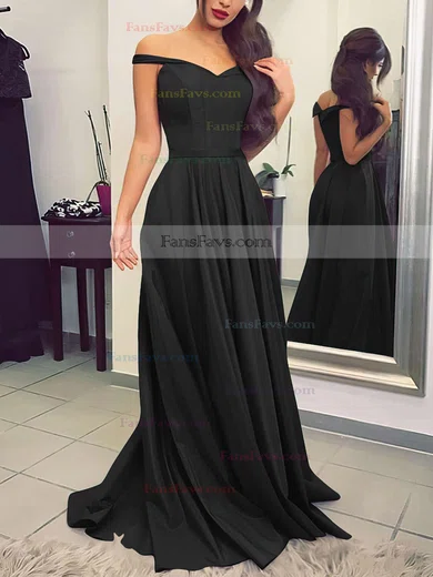 A-line Off-the-shoulder Silk-like Satin Sweep Train Sashes / Ribbons Prom Dresses #Favs020104929