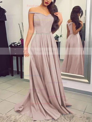 A-line Off-the-shoulder Silk-like Satin Sweep Train Sashes / Ribbons Prom Dresses #Favs020104929