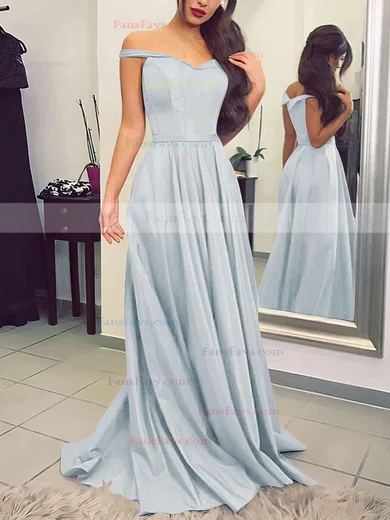 A-line Off-the-shoulder Silk-like Satin Sweep Train Sashes / Ribbons Prom Dresses #Favs020104929