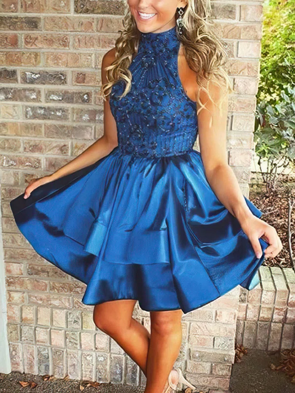 A-line High Neck Silk-like Satin Short/Mini Homecoming Dresses With Beading Tiered #Favs020109034