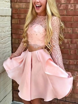 A-line Scoop Neck Lace Satin Short/Mini Homecoming Dresses With Lace Appliques Lace #Favs020109231 A-line Scoop Neck Lace Satin Short/Mini Homecoming Dresses With Lace Appliques Lace #Favs020109231