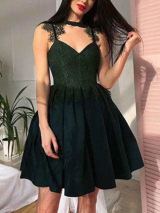 A-line V-neck Silk-like Satin Short/Mini Homecoming Dresses With Appliques Lace #Favs020109039 A-line V-neck Silk-like Satin Short/Mini Homecoming Dresses With Appliques Lace #Favs020109039