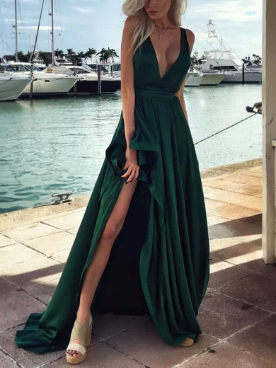 A-line V-neck Silk-like Satin Sweep Train Split Front Prom Dresses #Favs020103570