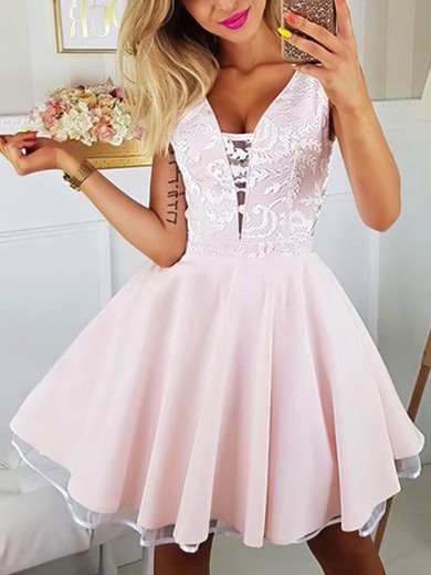 A-line V-neck Tulle Stretch Crepe Short/Mini Homecoming Dresses With Appliques Lace #Favs020109043