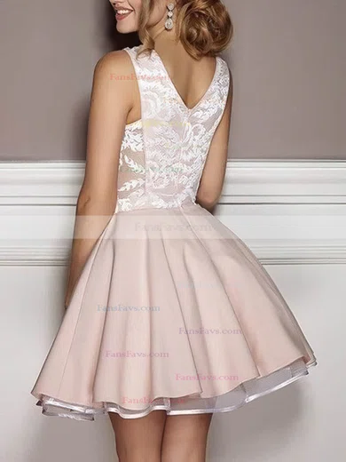 A-line V-neck Tulle Stretch Crepe Short/Mini Homecoming Dresses With Appliques Lace #Favs020109043