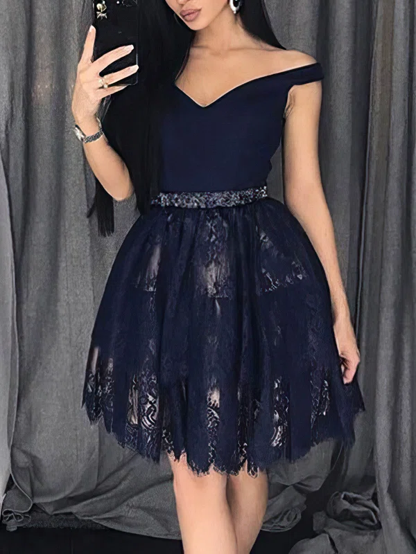 A-line Off-the-shoulder Lace Short/Mini Homecoming Dresses With Lace Appliques Lace Sashes / Ribbons #Favs020109240
