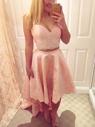 A-line Sweetheart Satin Short/Mini Homecoming Dresses With Lace Appliques Lace #Favs020109242