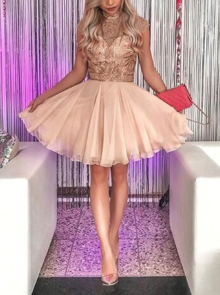 A-line High Neck Chiffon Short/Mini Homecoming Dresses With Beading #Favs020109047 A-line High Neck Chiffon Short/Mini Homecoming Dresses With Beading #Favs020109047