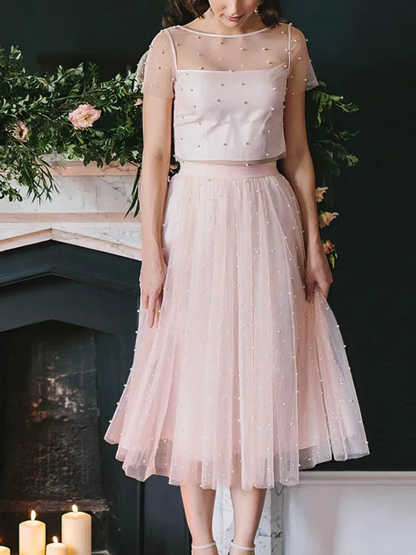 A-line Scoop Neck Tulle Tea-length Homecoming Dresses With Pearl Detailing #Favs020109245