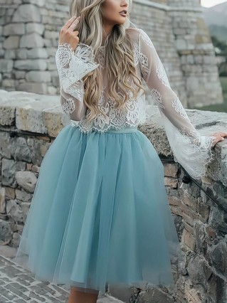 A-line Scoop Neck Lace Tulle Knee-length Homecoming Dresses #Favs020109053