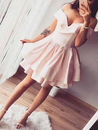 A-line Off-the-shoulder Silk-like Satin Short/Mini Homecoming Dresses #Favs020109249