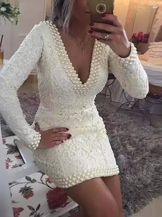 A-line V-neck Lace Short/Mini Homecoming Dresses With Pearl Detailing #Favs020109055 A-line V-neck Lace Short/Mini Homecoming Dresses With Pearl Detailing #Favs020109055